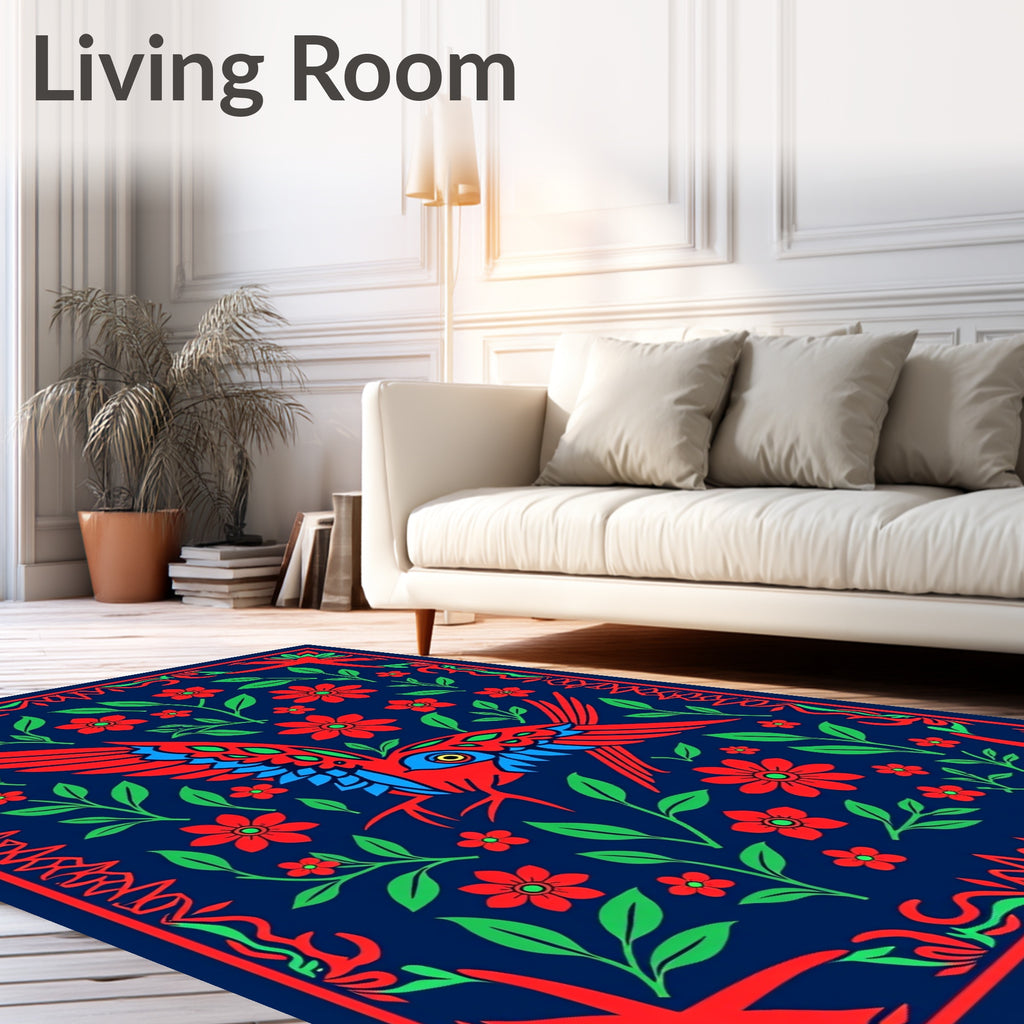 Red Blue Bird Crimson Floral Garden Rug