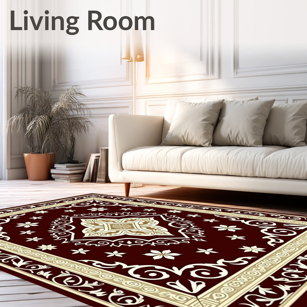 Crimson Gold Arabesque Floral Square Rug