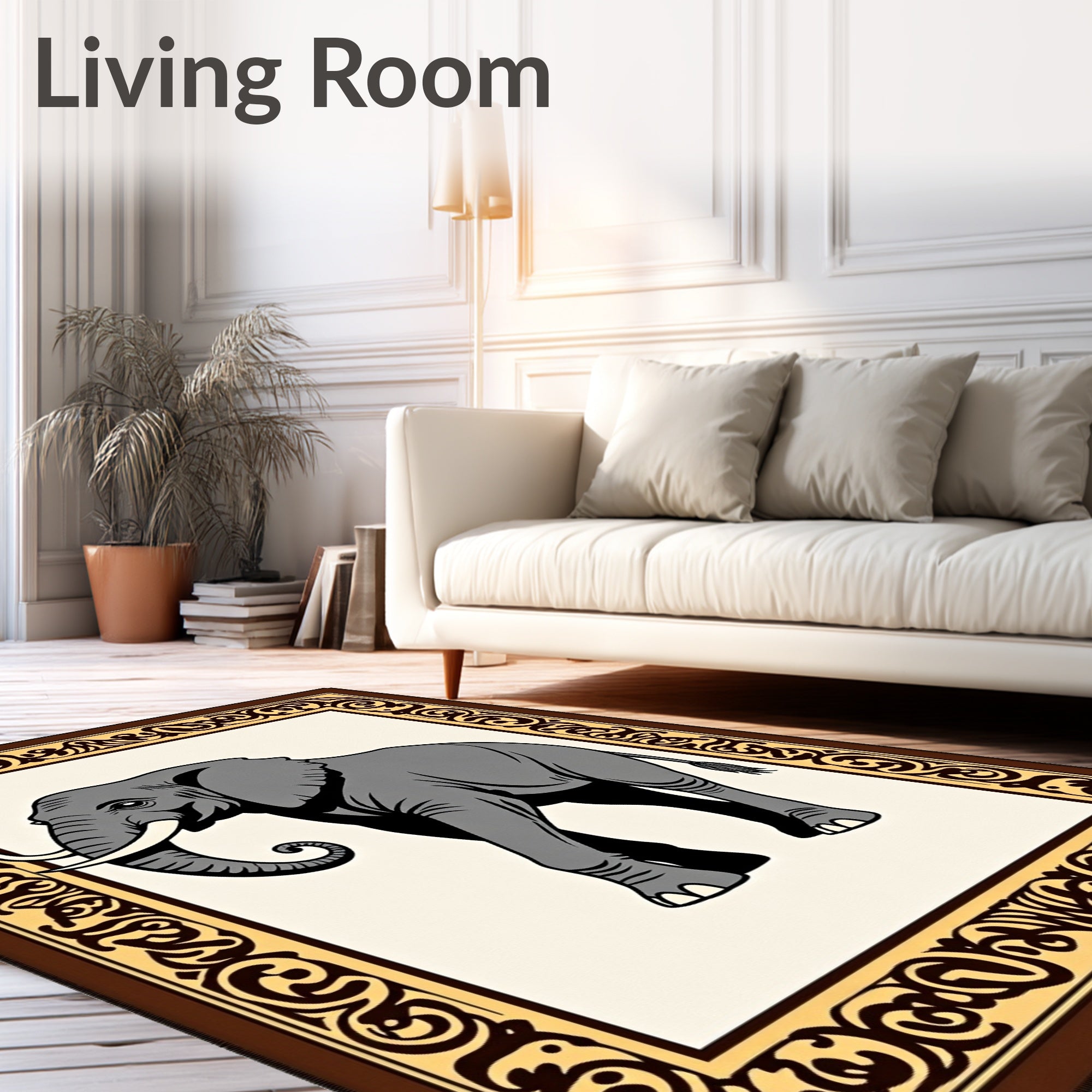 Bold Gray Elephant Ornate Border Rug