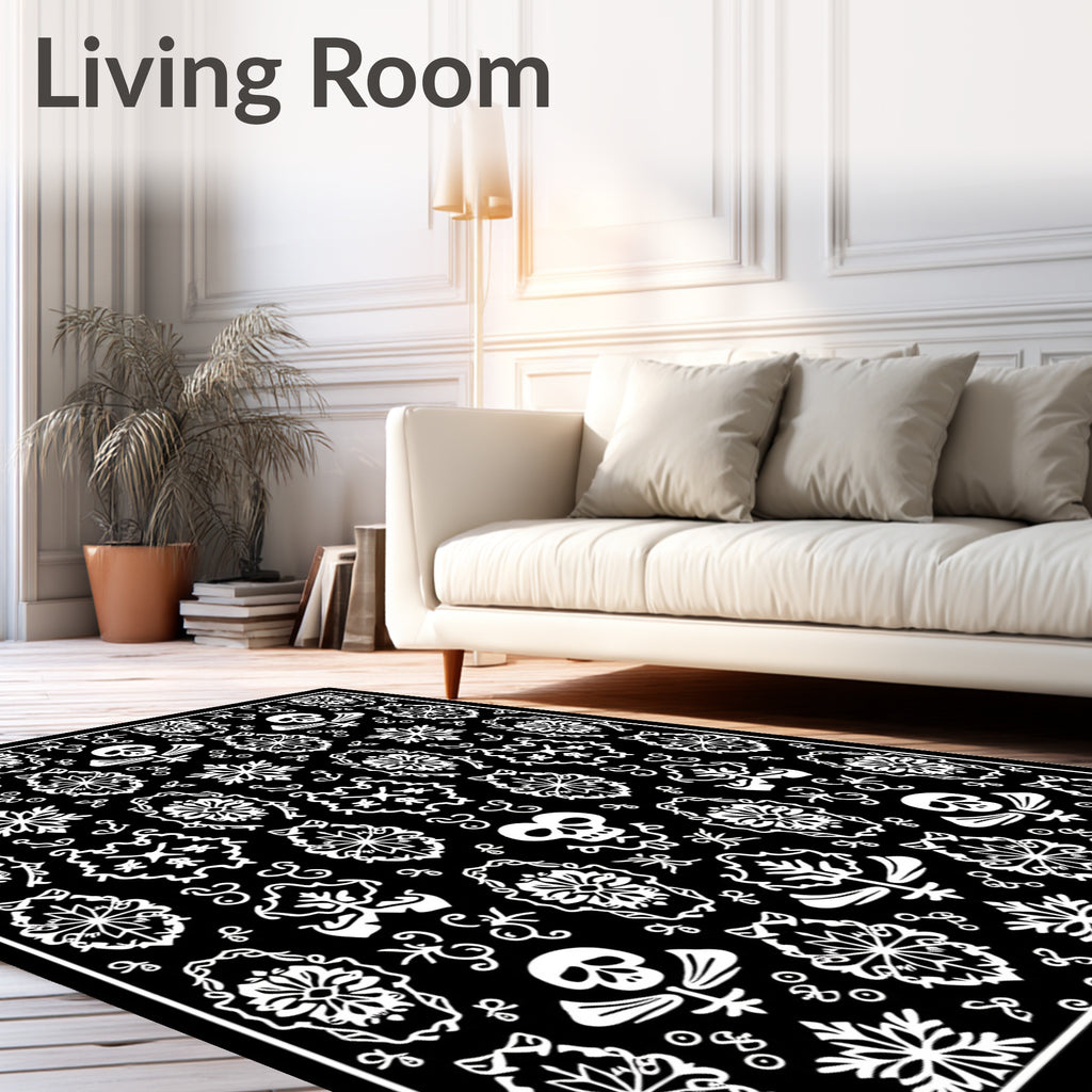 Black White Skull Damask Ornamental Rug