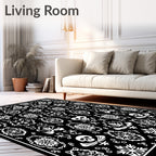 Black White Skull Damask Ornamental Rug
