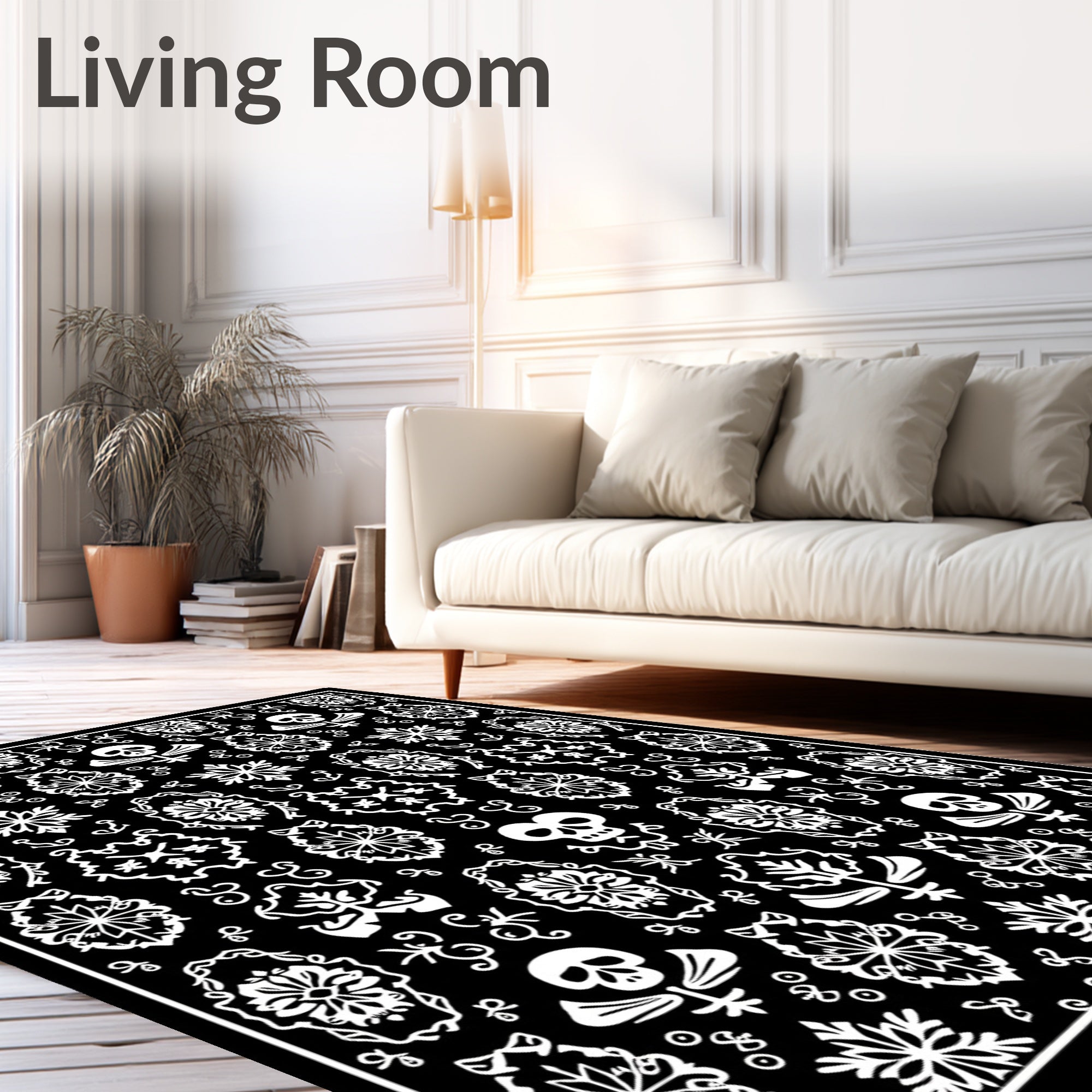 Black White Skull Damask Ornamental Rug