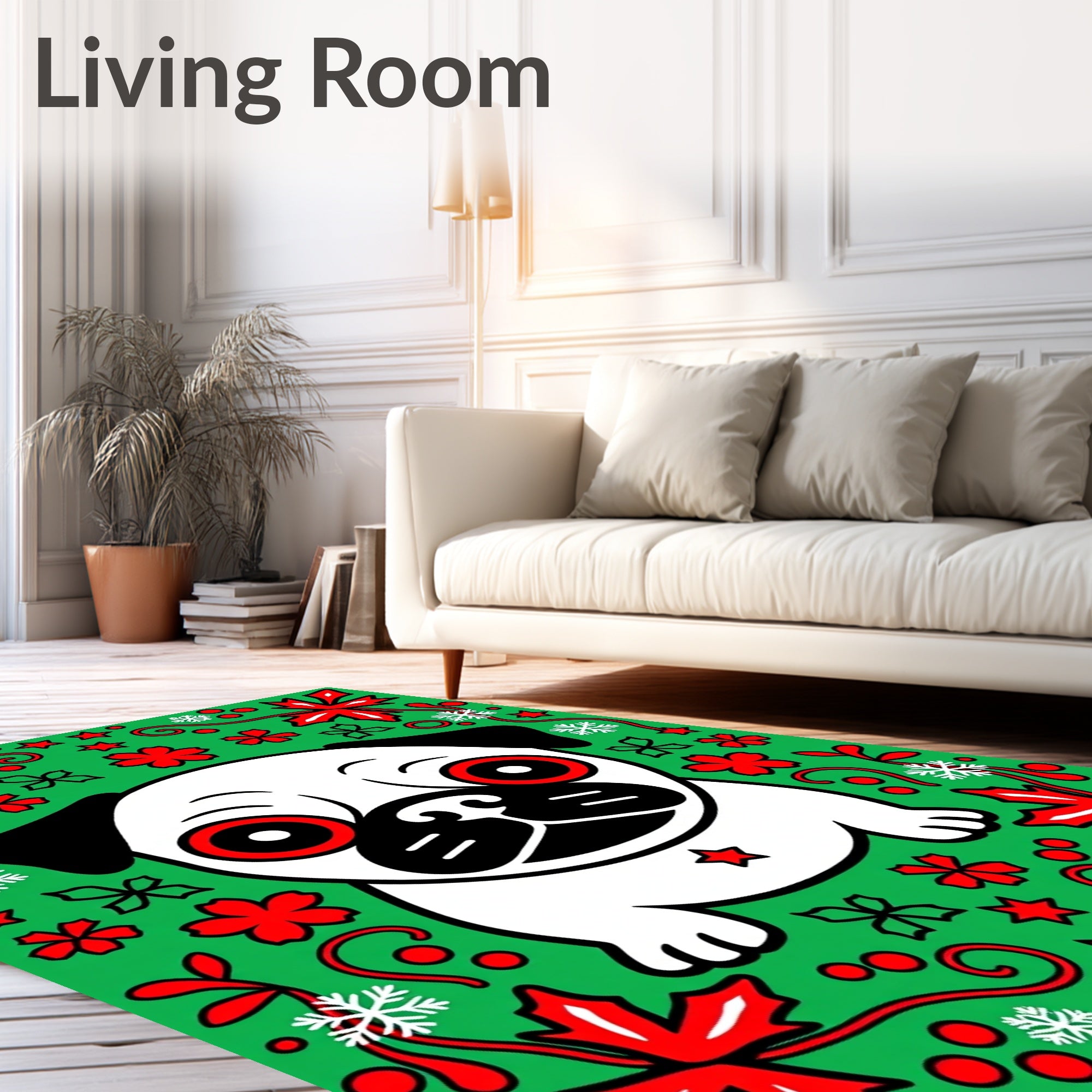 Whimsical Pug Christmas Green Red Snowflake Rug