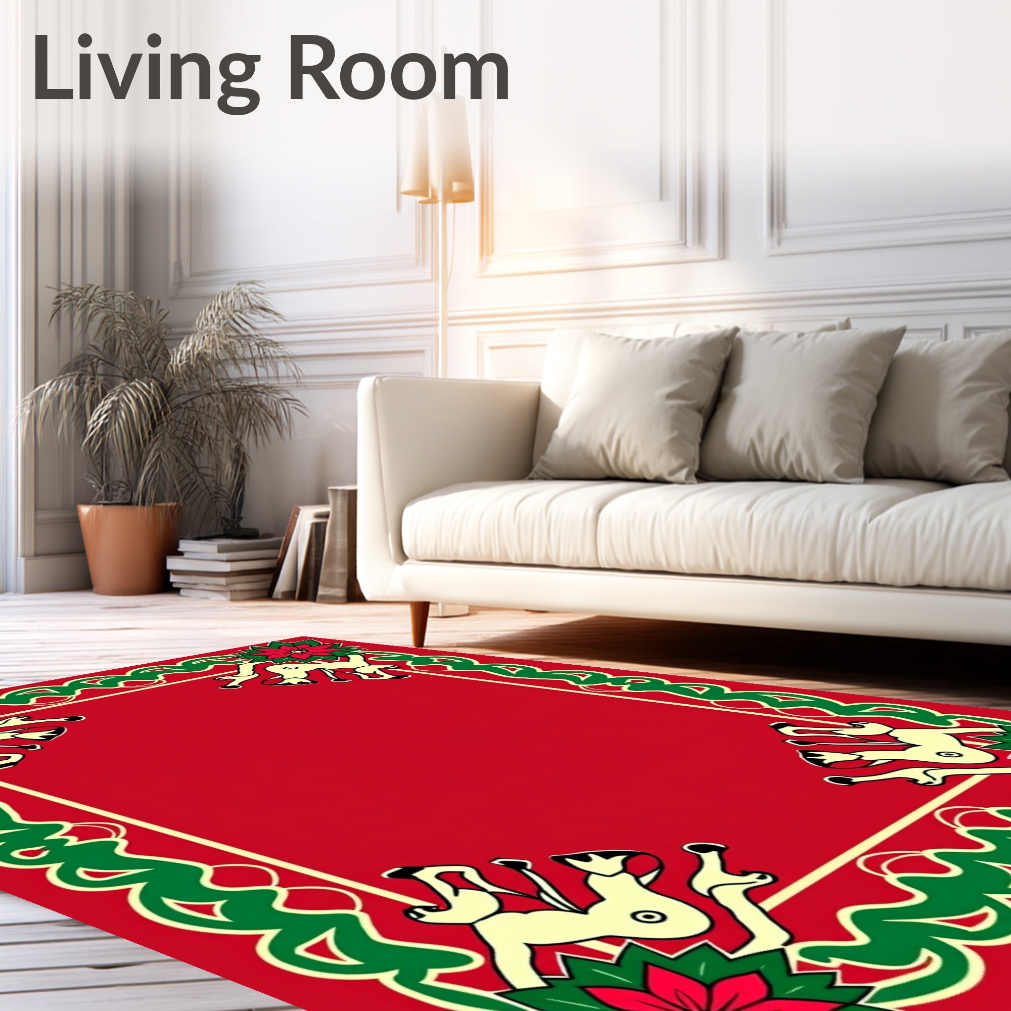 Festive Red Reindeer Poinsettia Border Rug