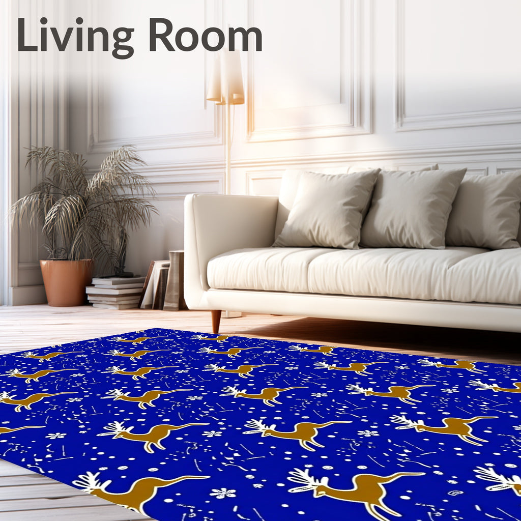 Brown Reindeer White Snowflakes Blue Field Rug