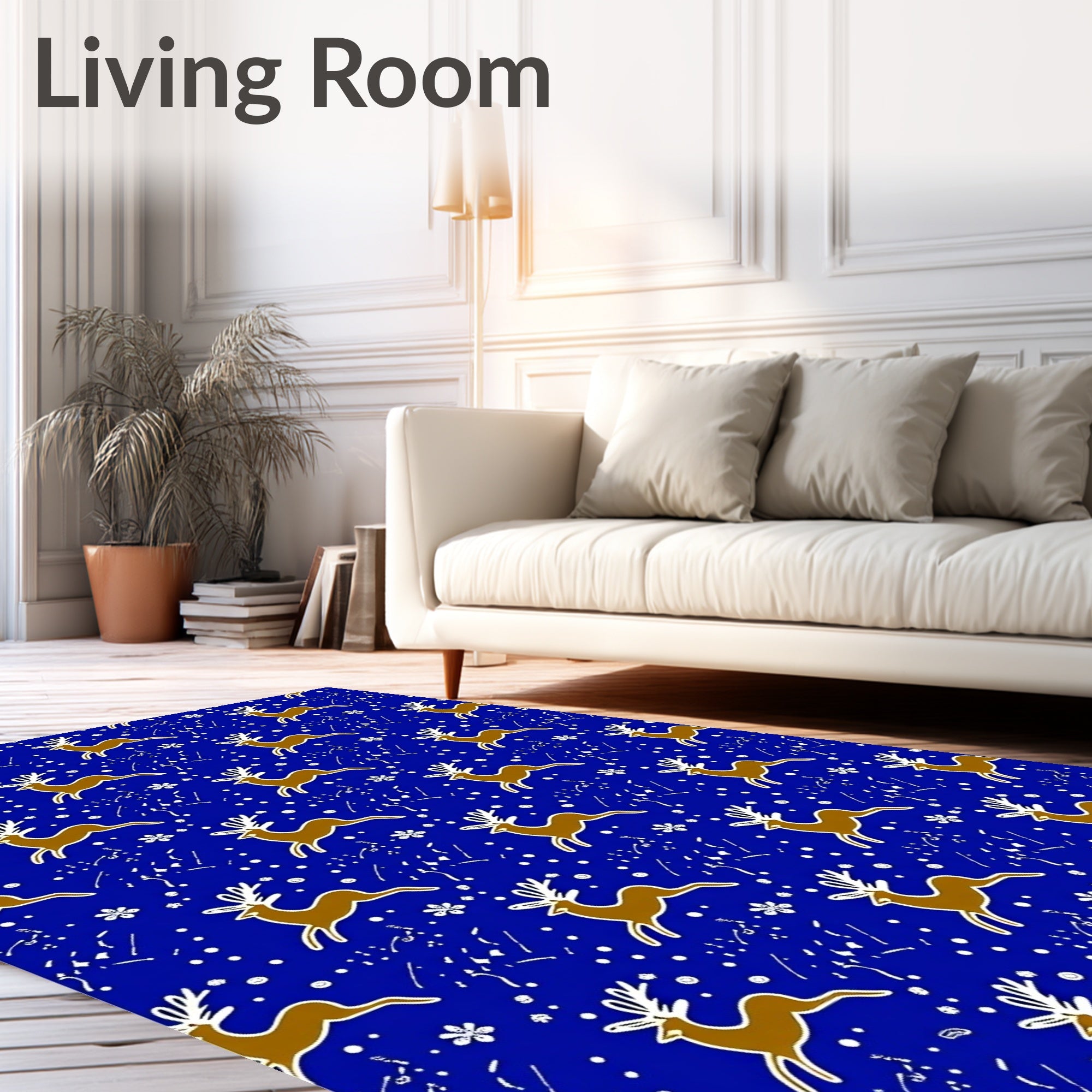 Brown Reindeer White Snowflakes Blue Field Rug