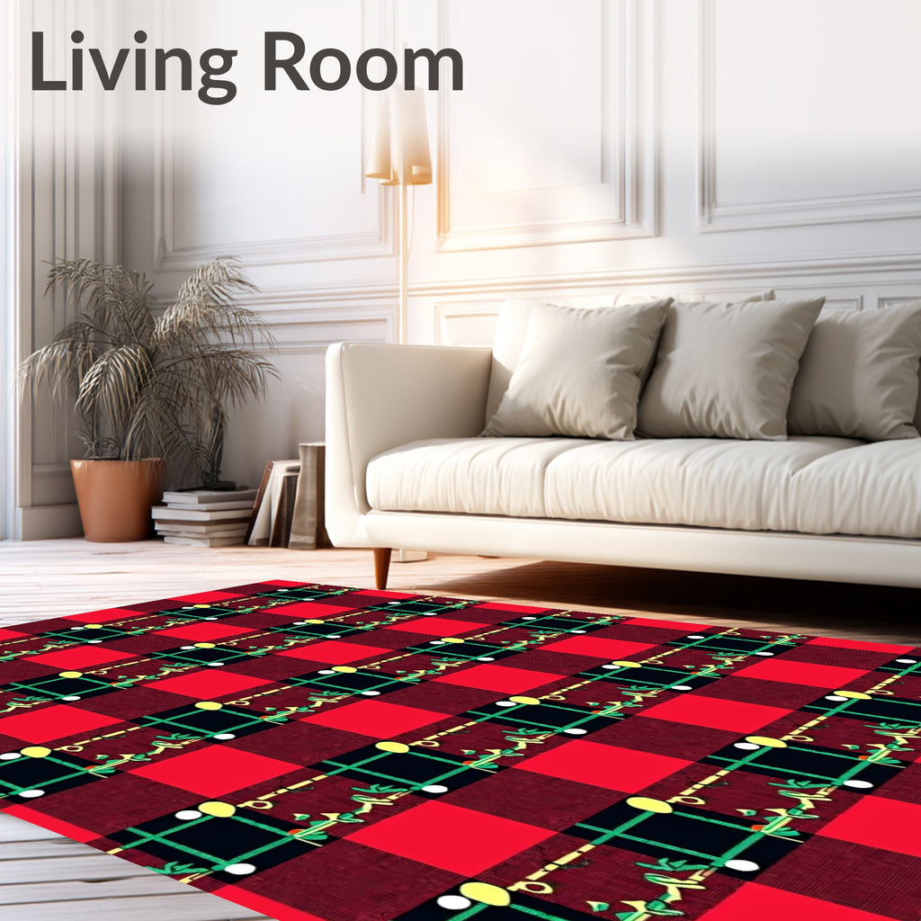 Red Green Checkered Floral Border Rug