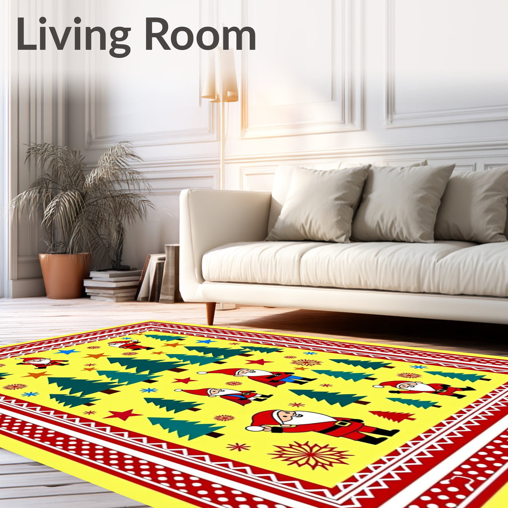 Festive Yellow Santa Claus Trees Stars Rug