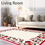 Whimsical Red Green Crown Floral Border Rug