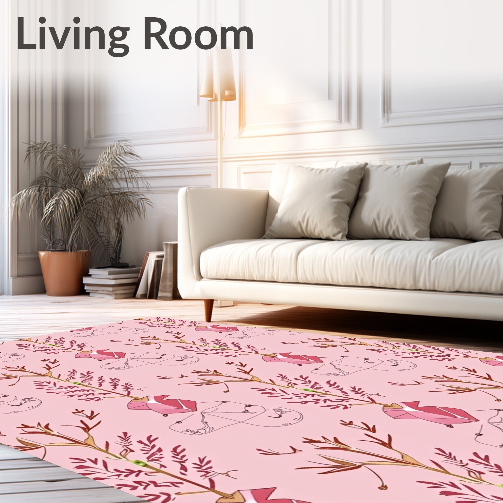 Pink Botanical Sketch Repeating Pattern Rug