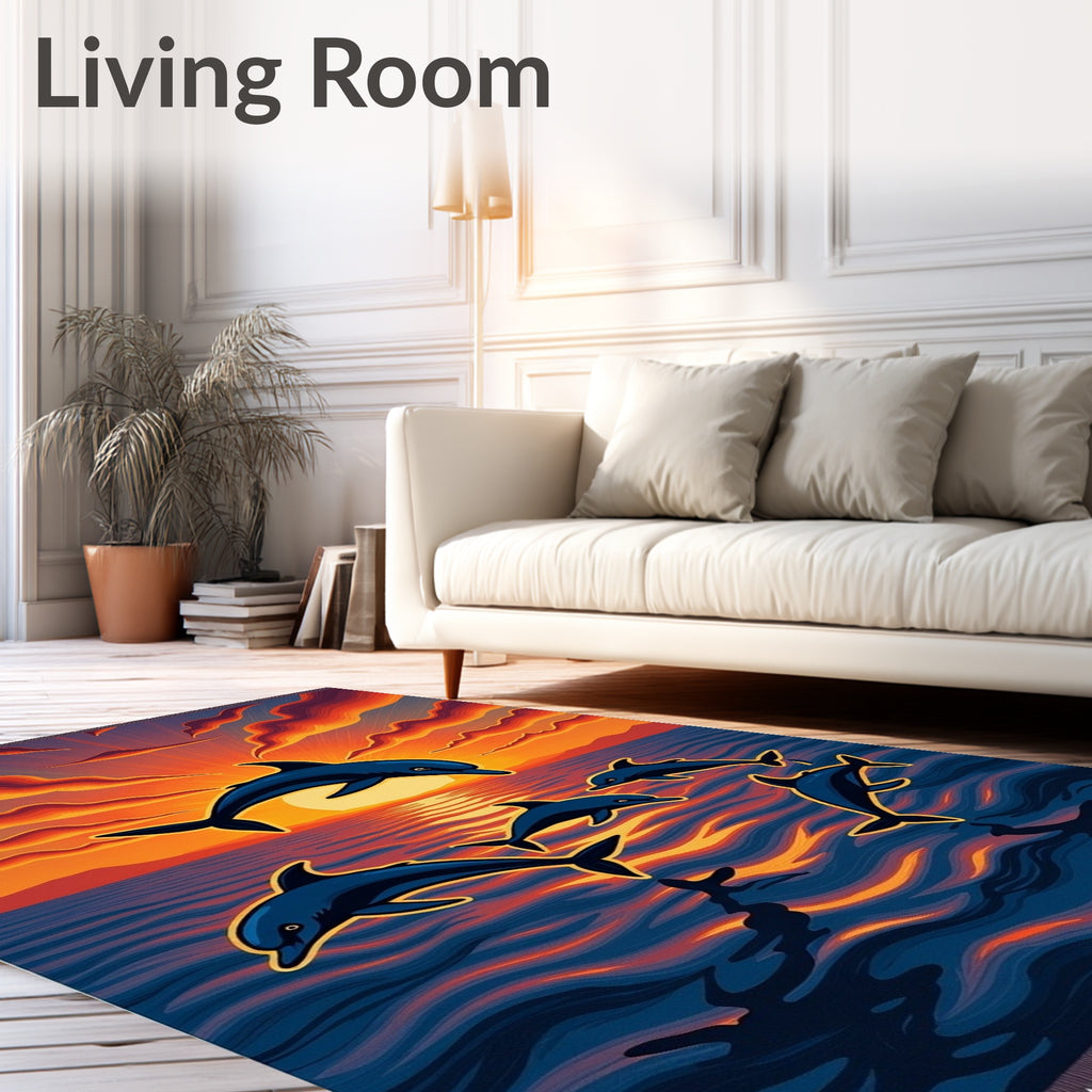 Dolphins Diving Through Sunset Waves Rug