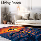 Dolphins Diving Through Sunset Waves Rug