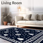 Navy White Winter Tree Snowflakes Border Rug