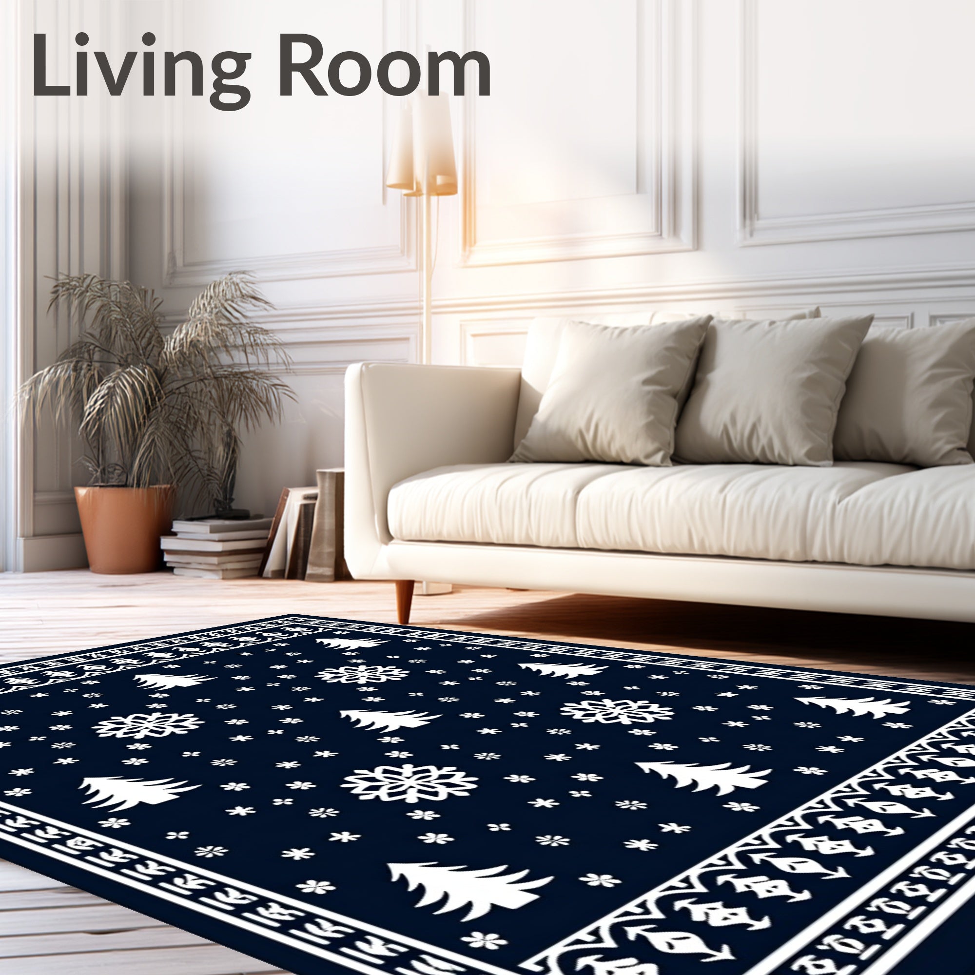 Navy White Winter Tree Snowflakes Border Rug