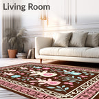 Brown Whimsical Bunny Floral Border Rug