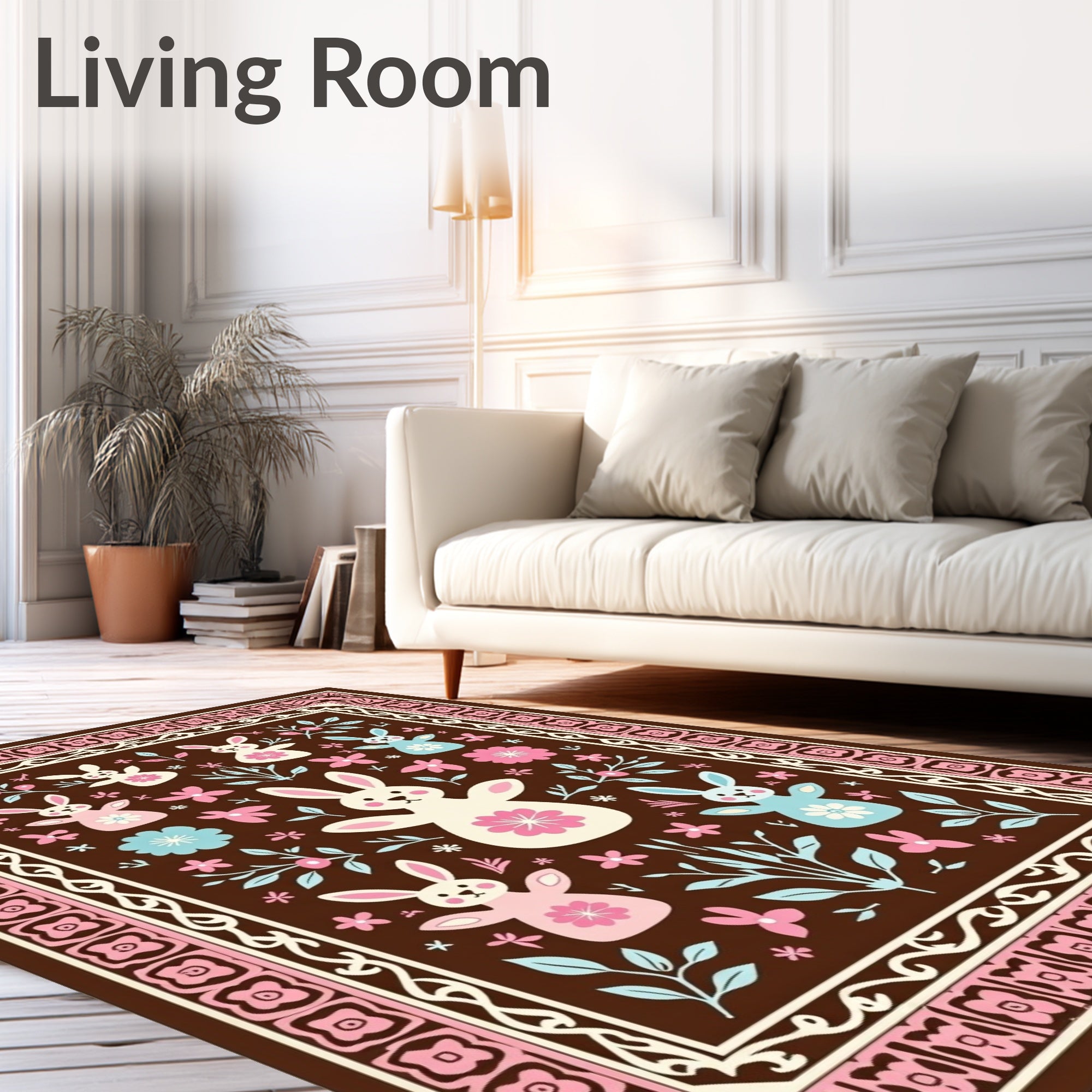 Brown Whimsical Bunny Floral Border Rug