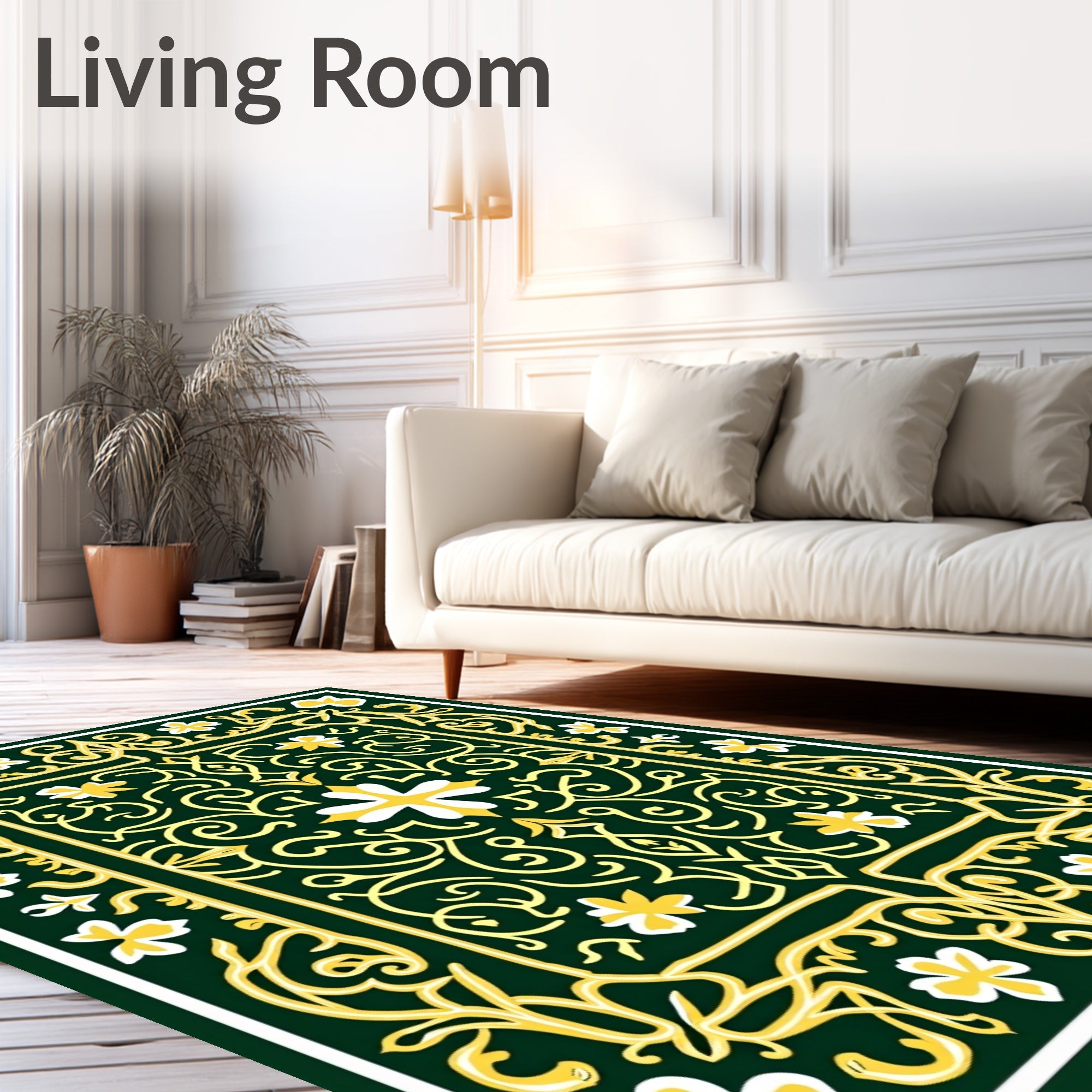 Emerald Gold Floral Scroll Medallion Rug