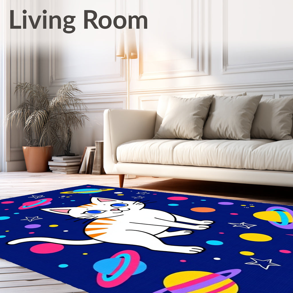 Whimsical Cat Cosmic Planets Bright Colors Rug