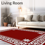 Rich Red White Floral Border Rug