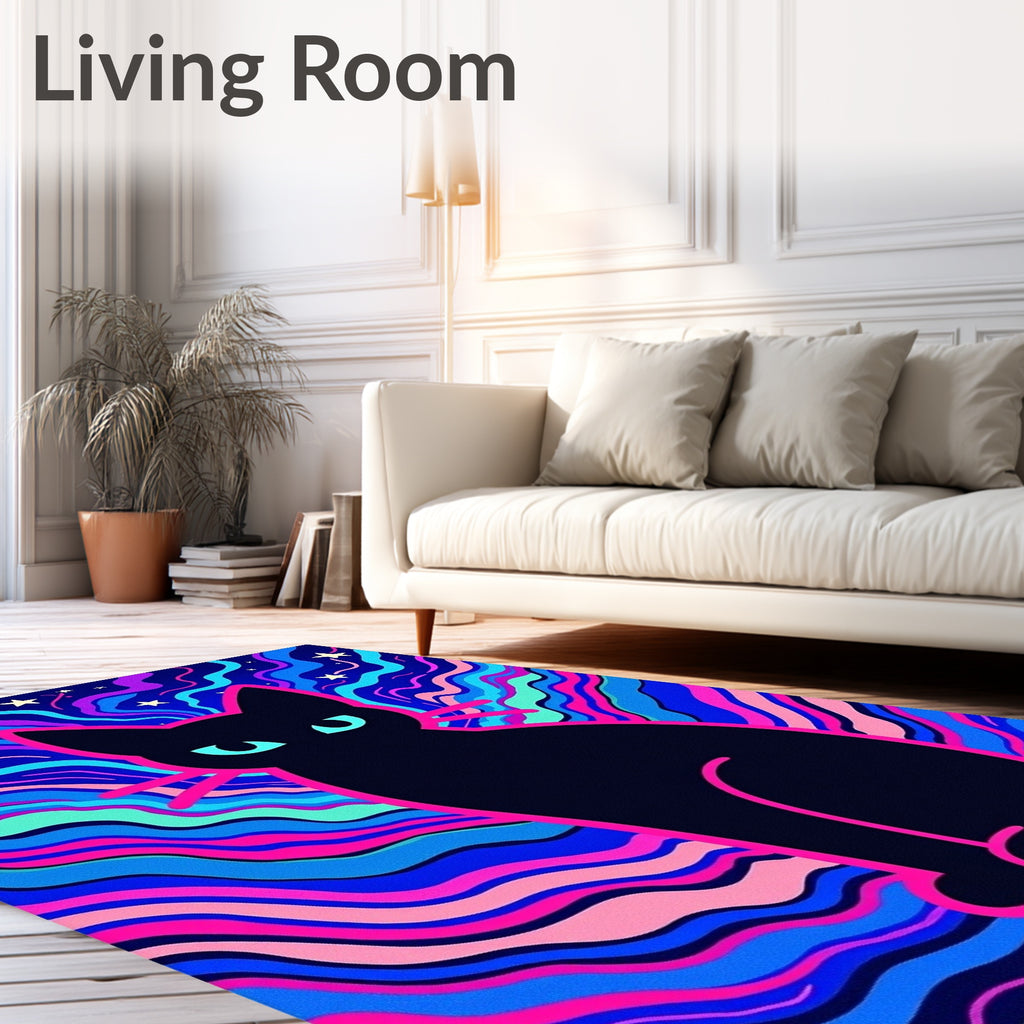 Psychedelic Black Cat Swirling Stars Rug