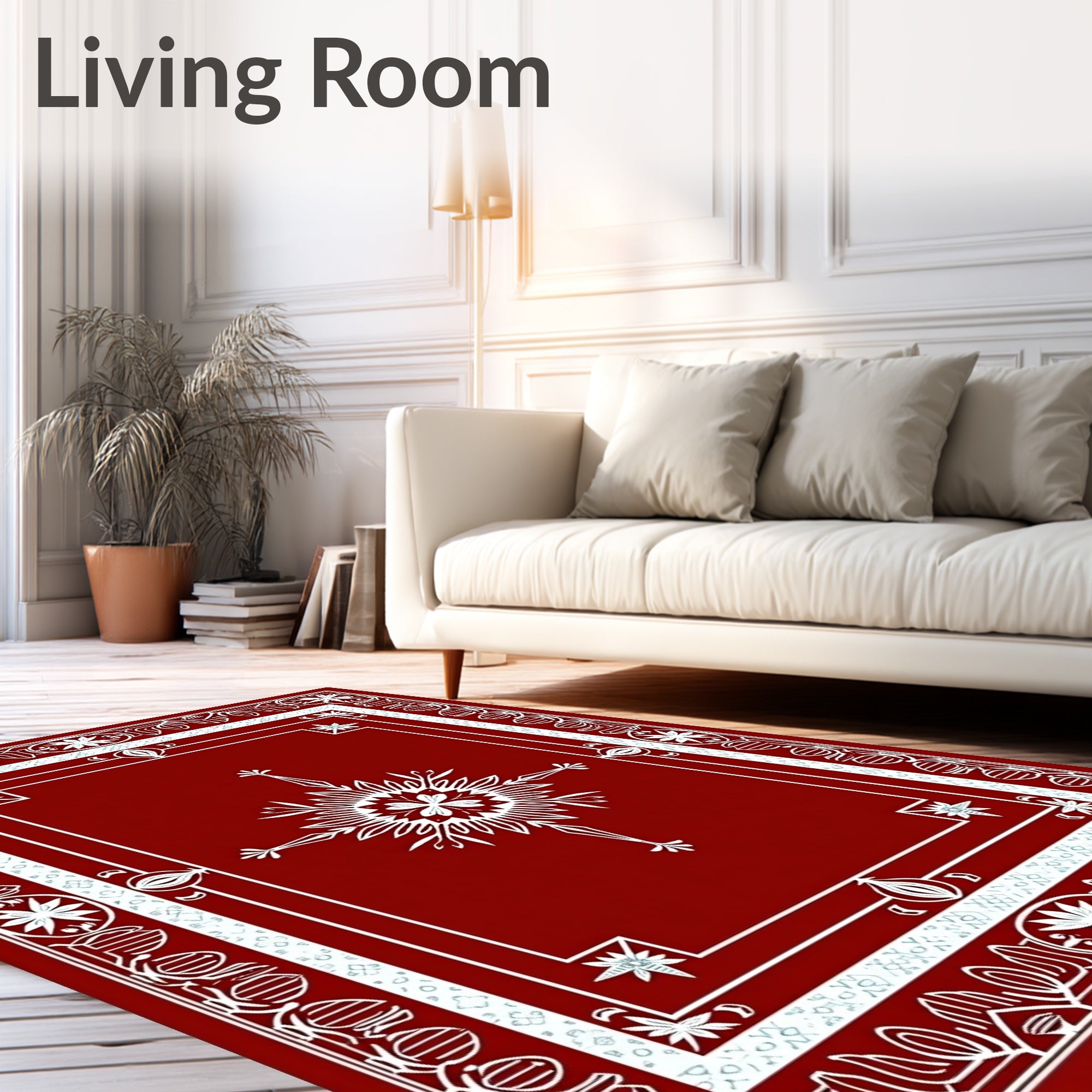 Crimson White Intricate Floral Border Rug