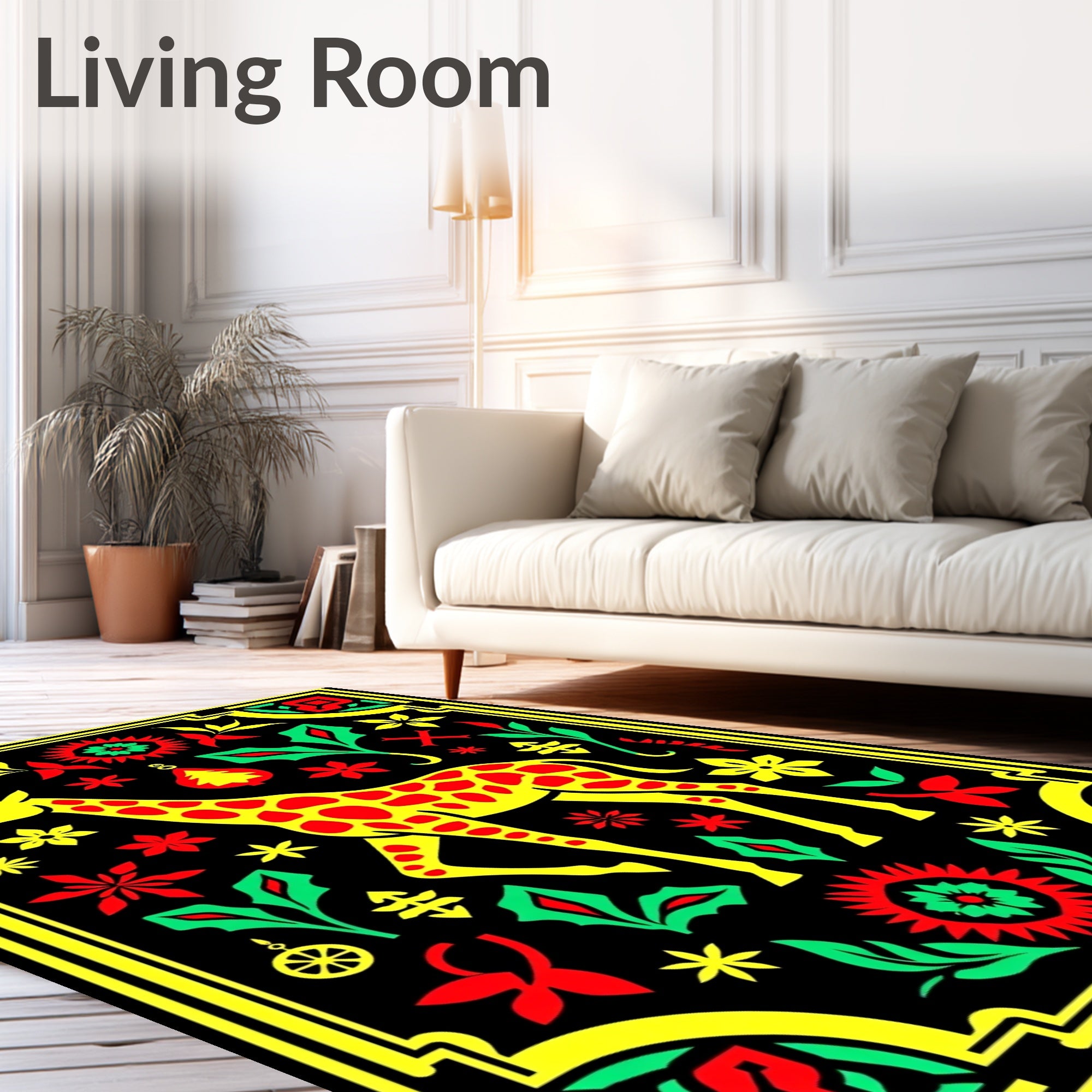 Whimsical Yellow Giraffe Floral Border Rug