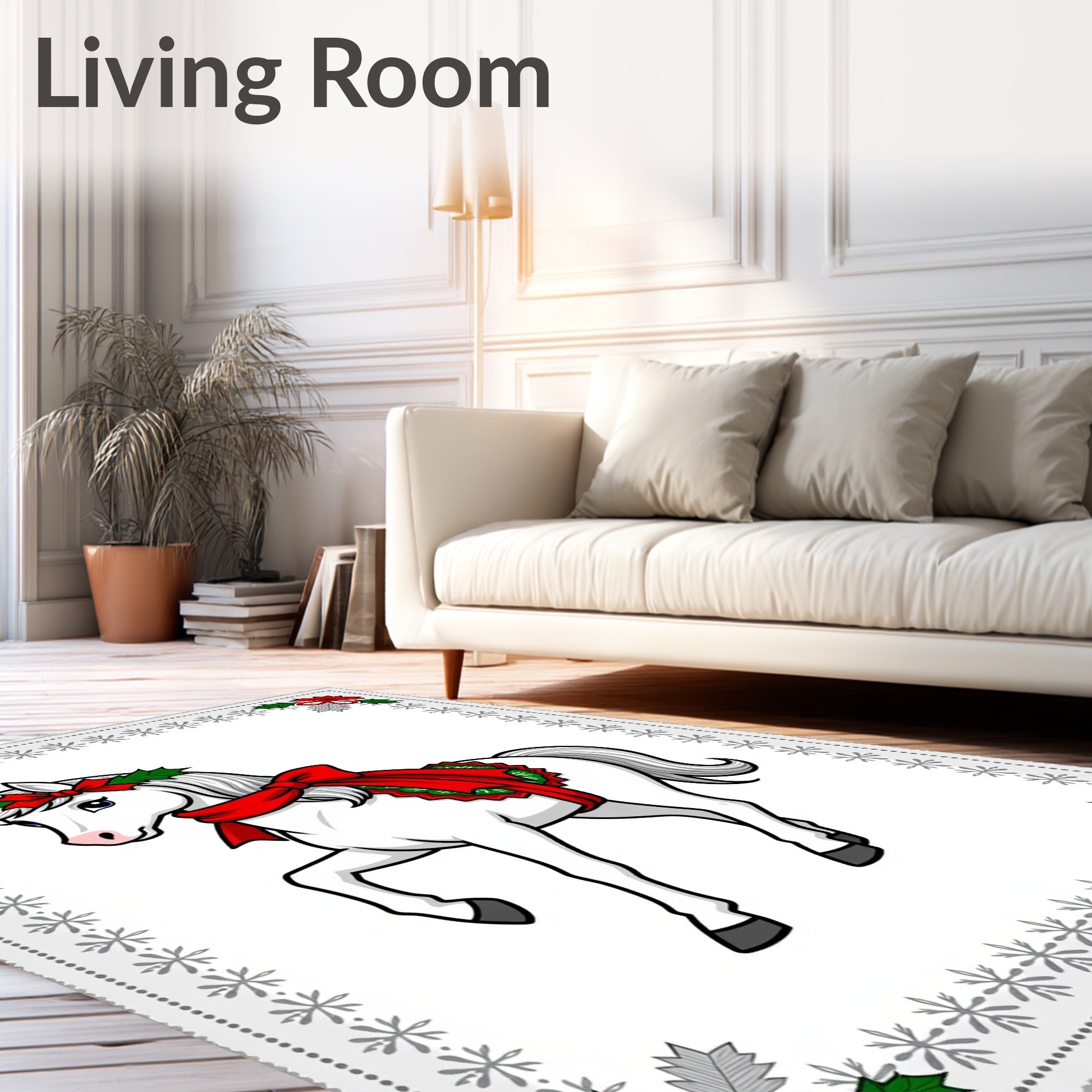 White Horse with Red Holiday Bows Rug