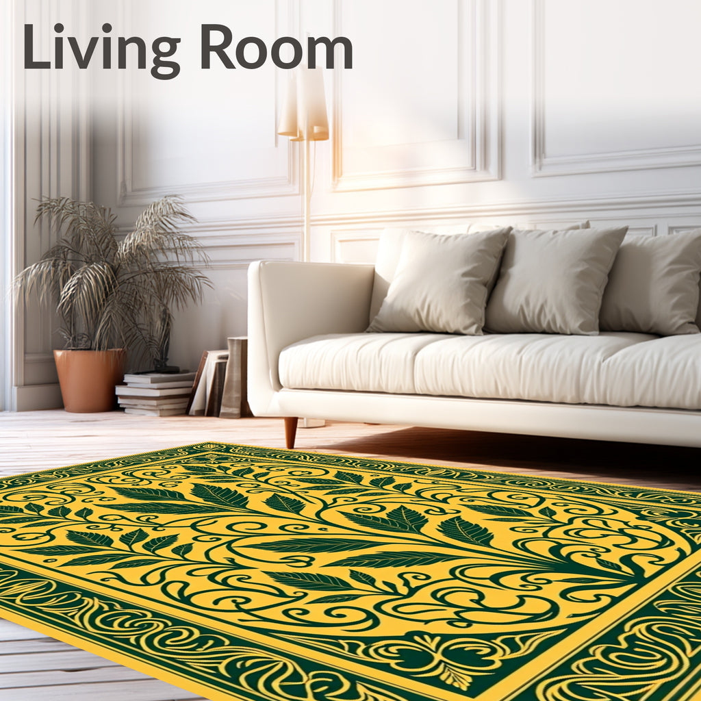 Golden Yellow Green Floral Scrollwork Rug