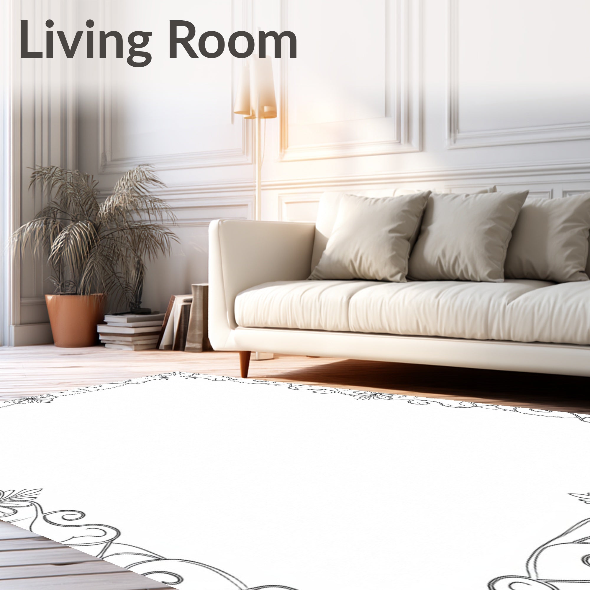 Ornate Black Scroll Floral Border Rug