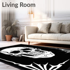 Monochromatic White Skull Graphic Black Rug