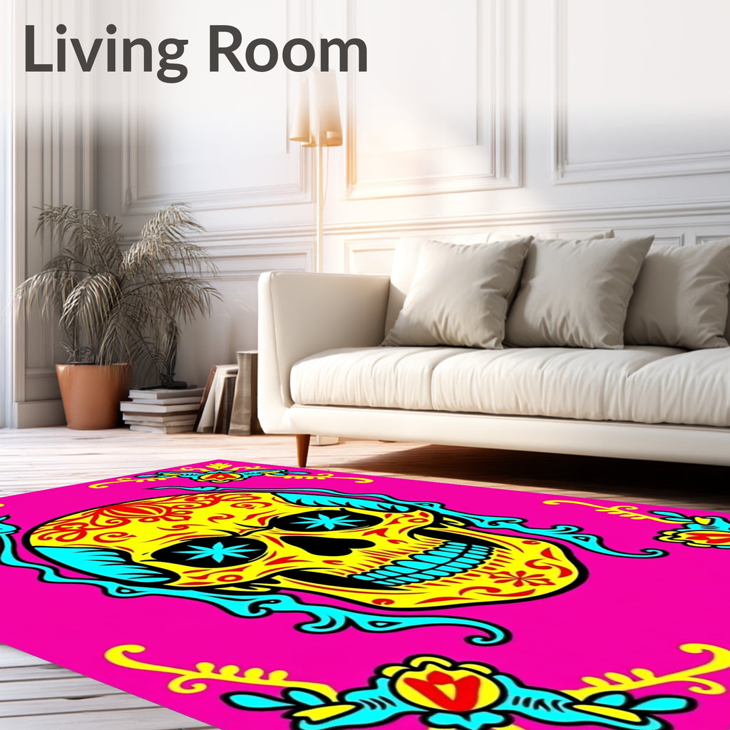 Vibrant Yellow Skull Floral Border Rug