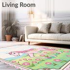 Pink Horse Meadow Floral Whimsical Scene Rug