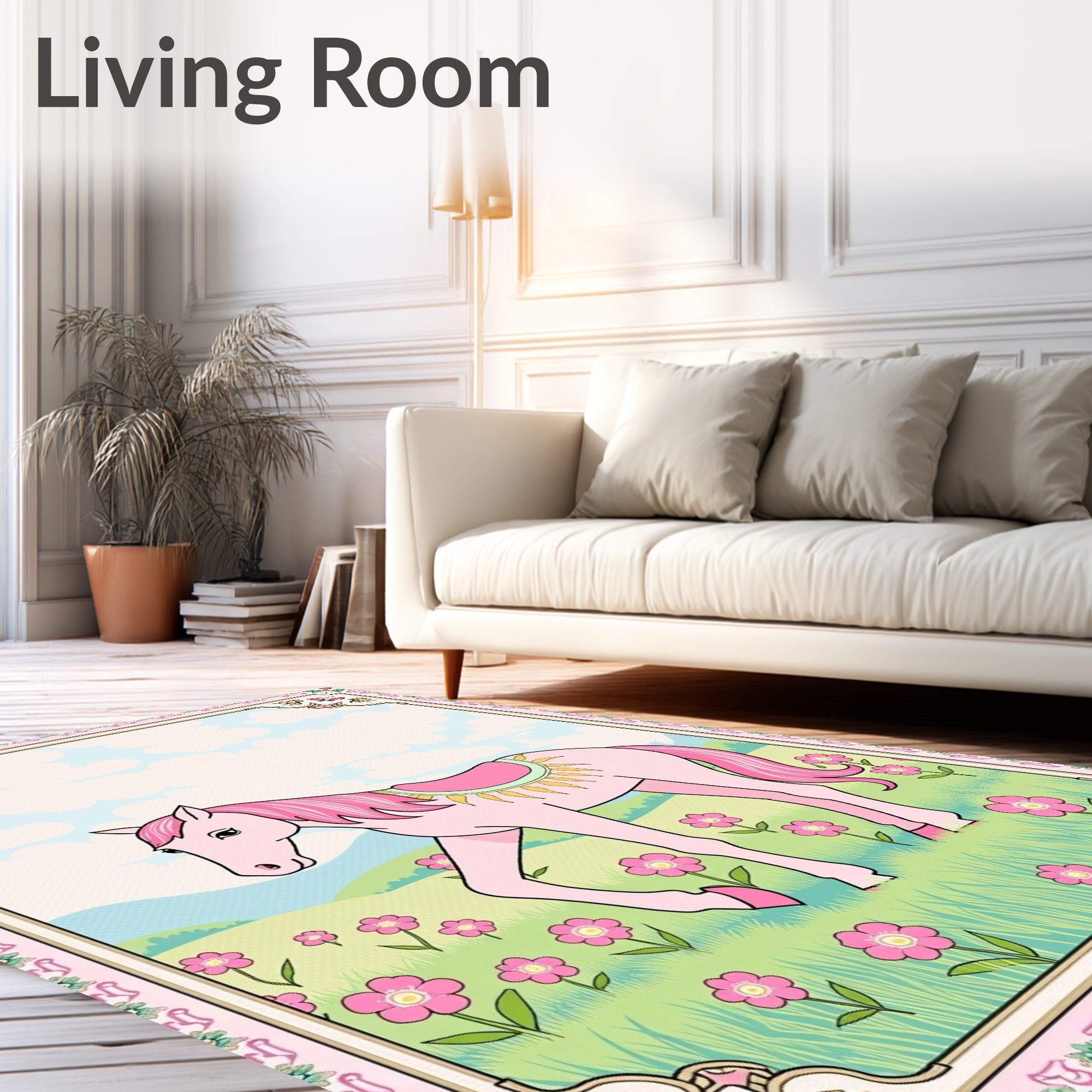 Pink Horse Meadow Floral Whimsical Scene Rug