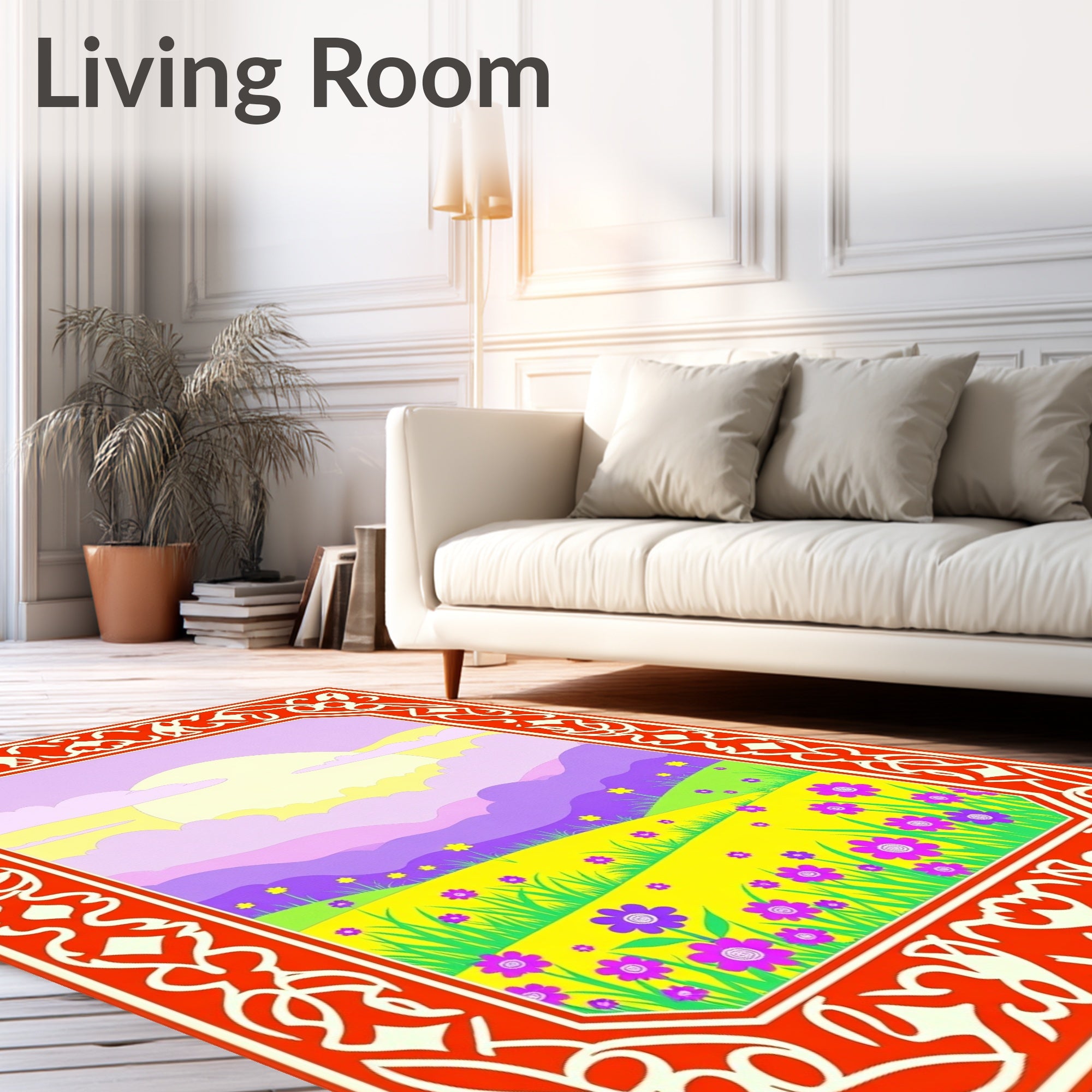 Vivid Retro Sunflowers Fields and Hills Rug