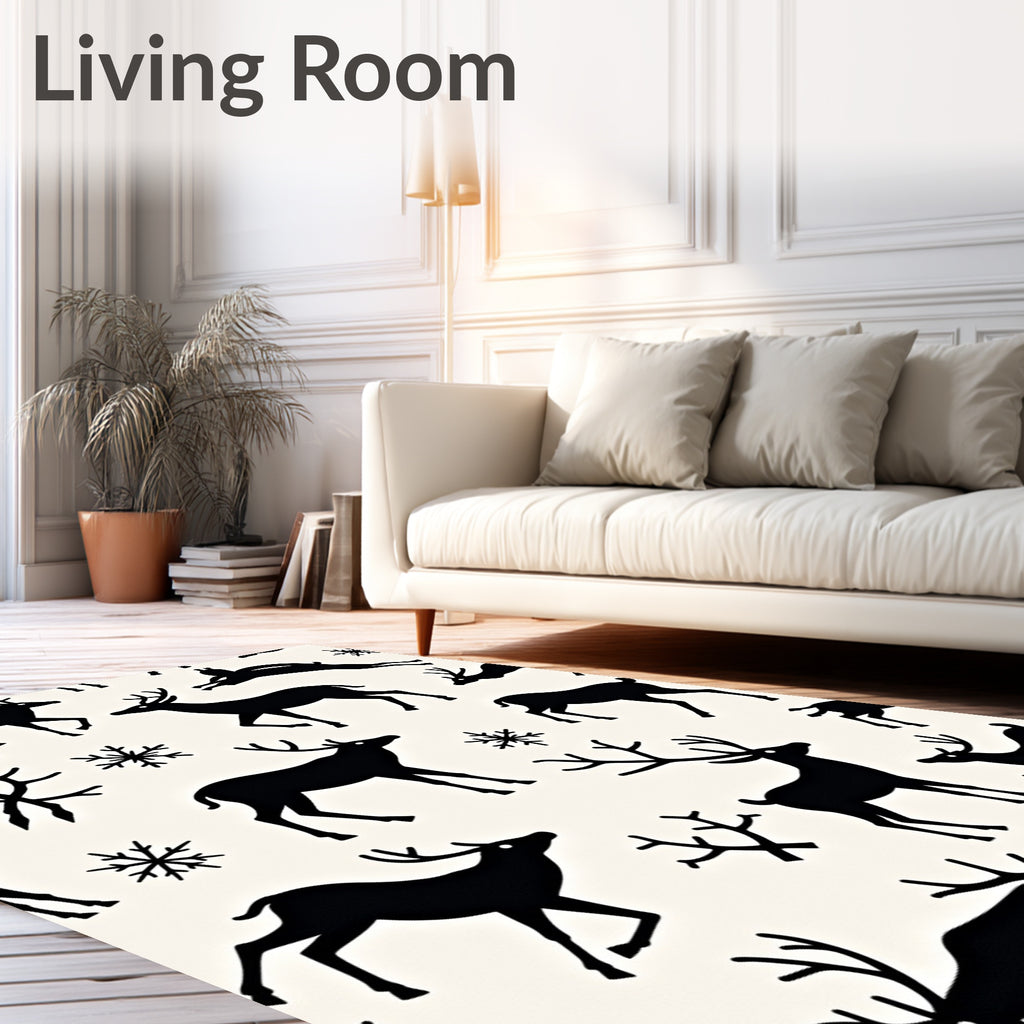 Black Deer Snowflakes Whimsical Silhouette Rug