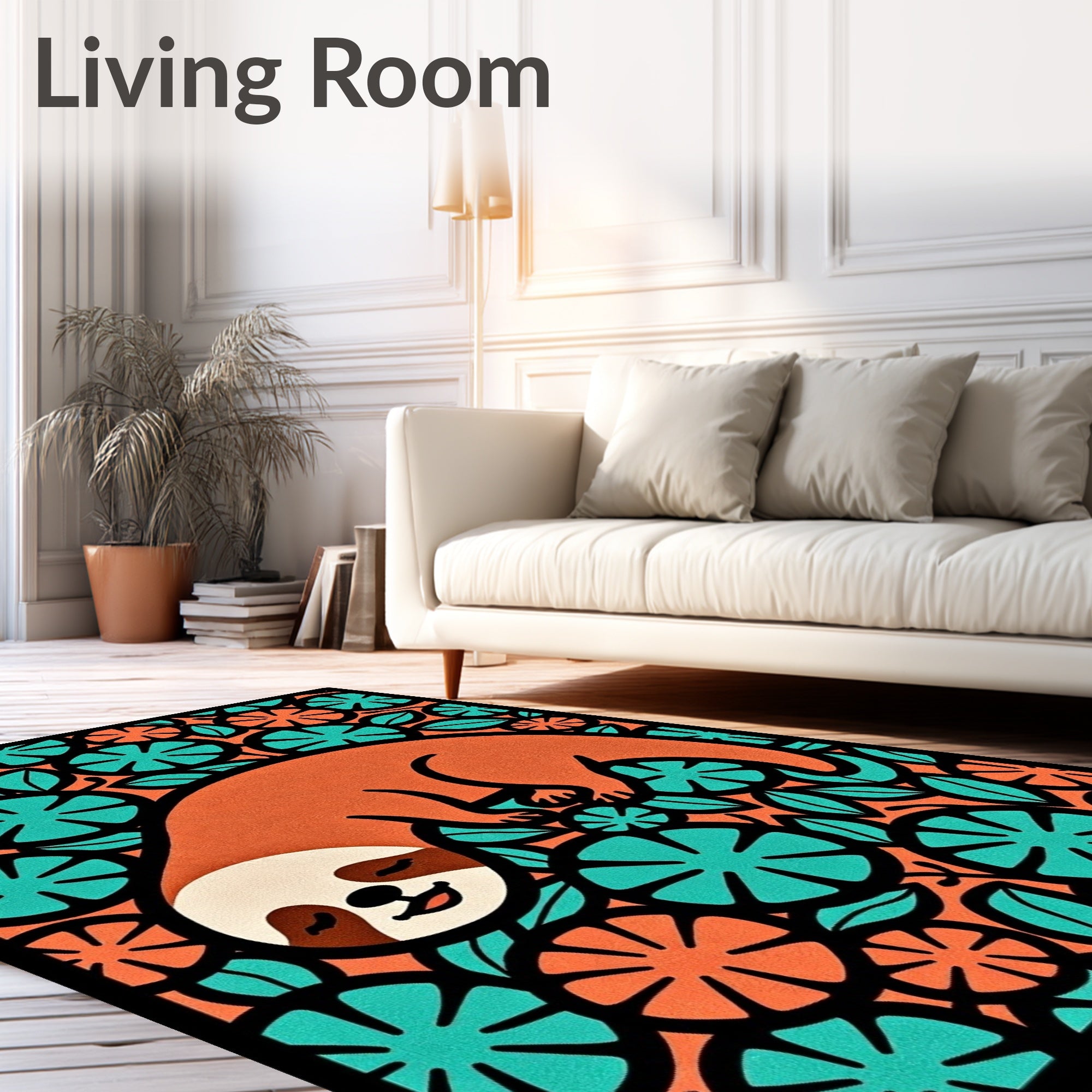 Whimsical orange sloth floral scene Rug