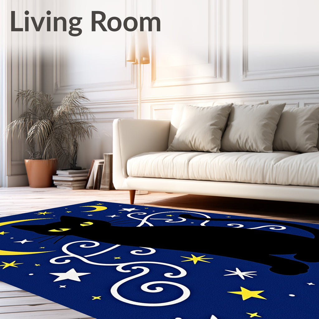 Black Cat on Starry Midnight Canvas Rug
