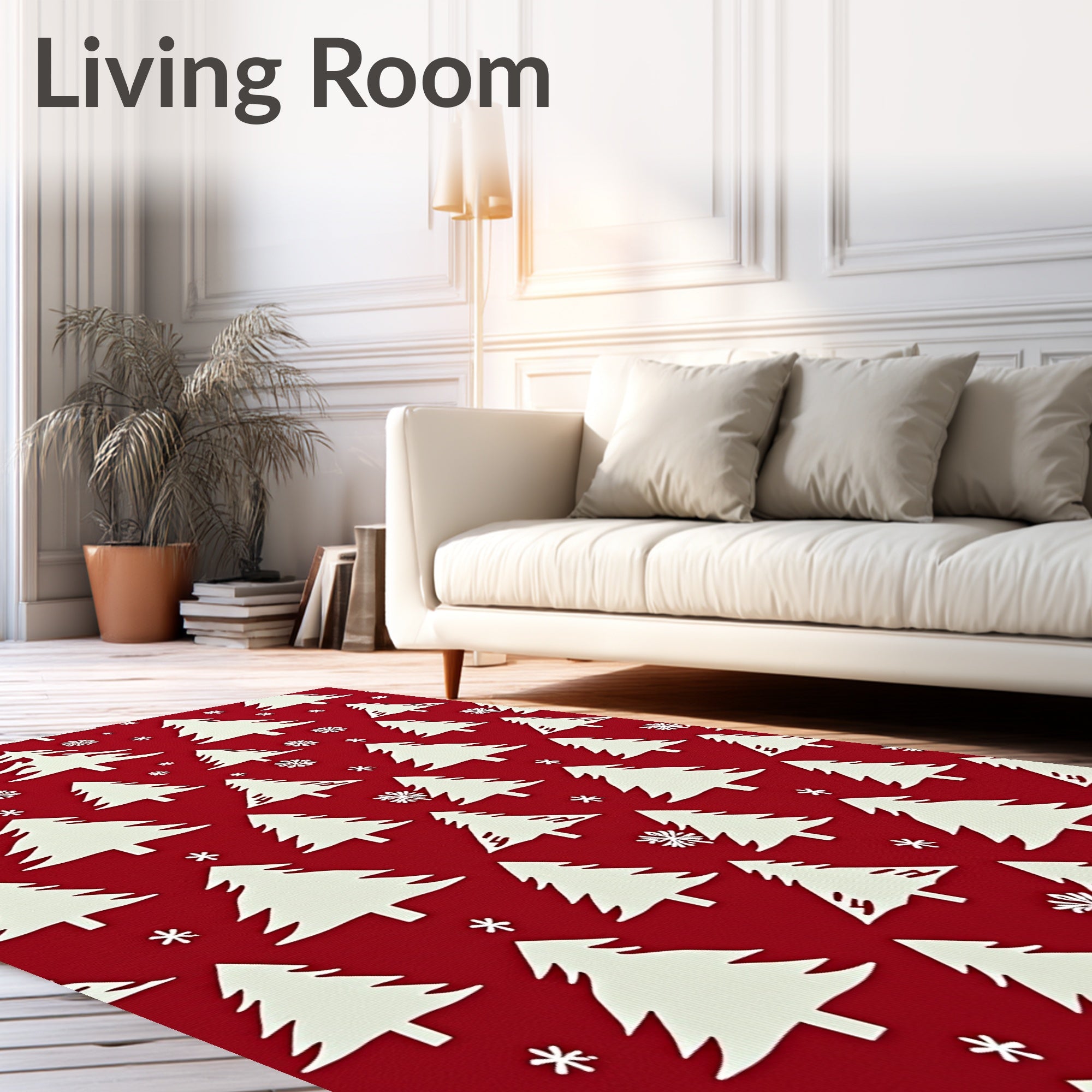 White Trees Snowflakes Red Background Rug