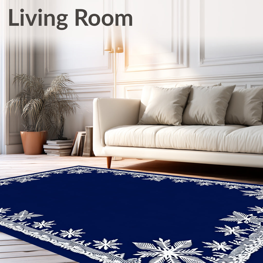 Winter White Snowflake Navy Blue Border Rug