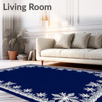 Winter White Snowflake Navy Blue Border Rug