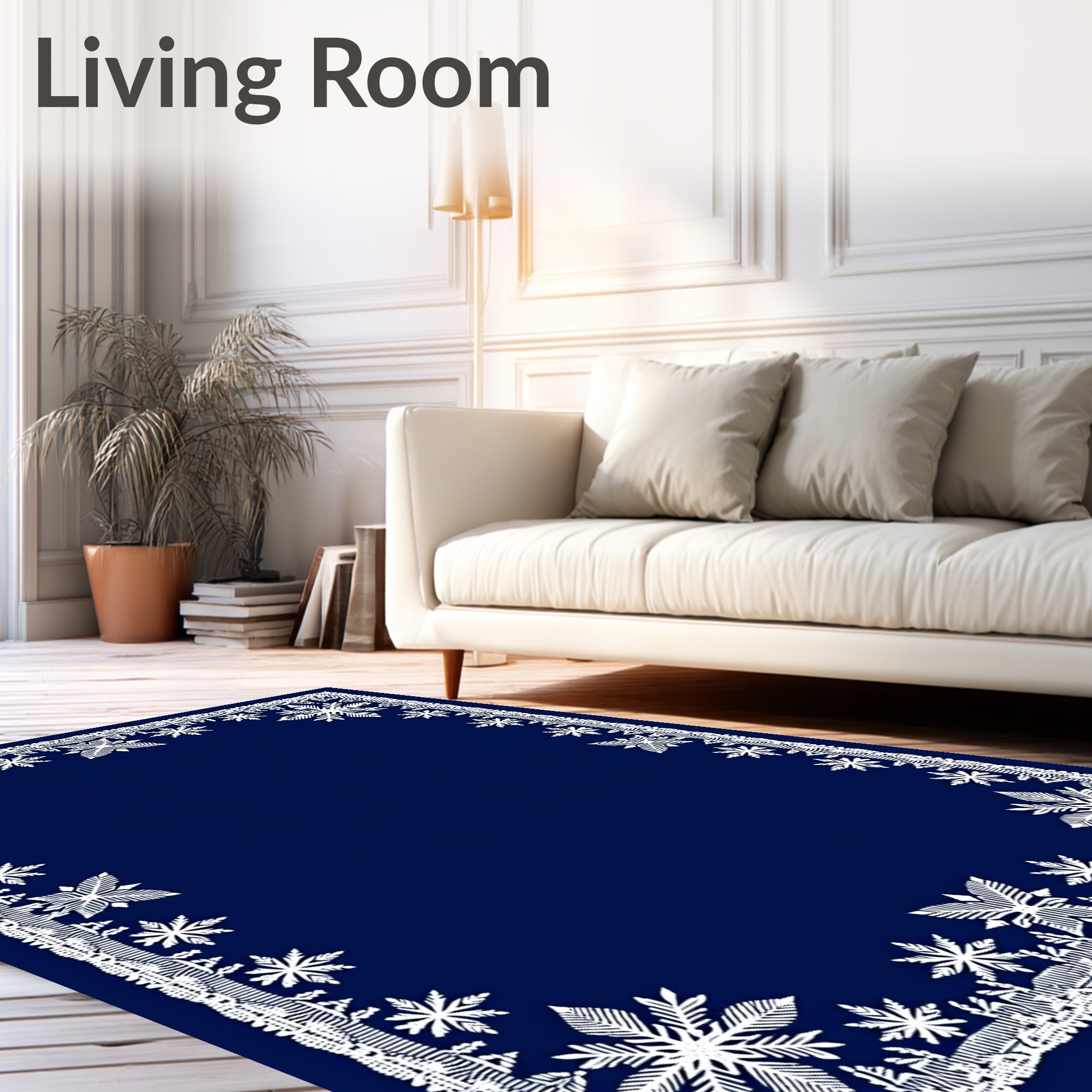Winter White Snowflake Navy Blue Border Rug