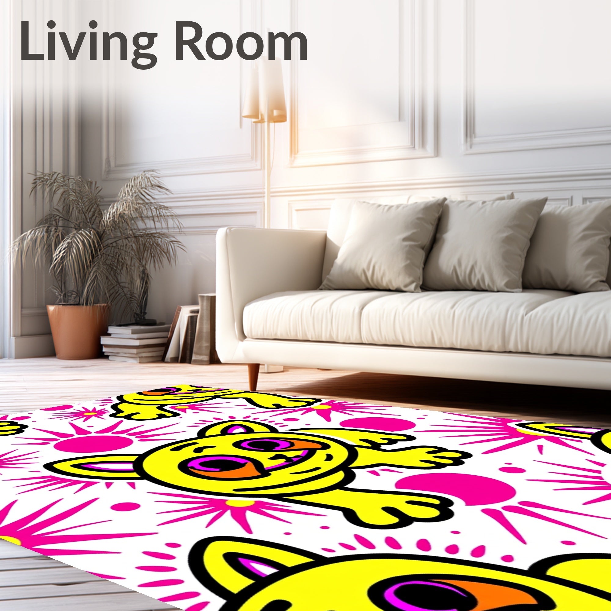 Vibrant Yellow Happy Cat Sunburst Rug