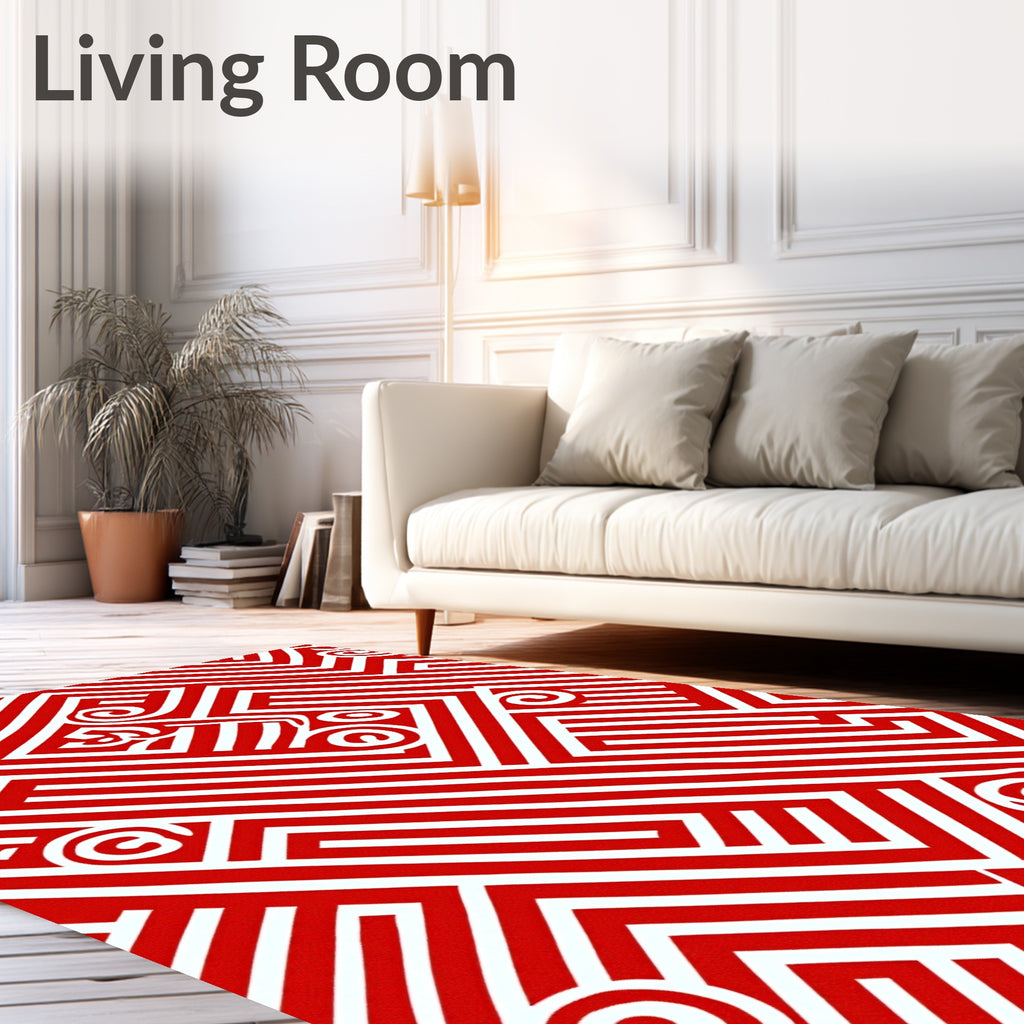 Bold Red Labyrinth Swirls Rug