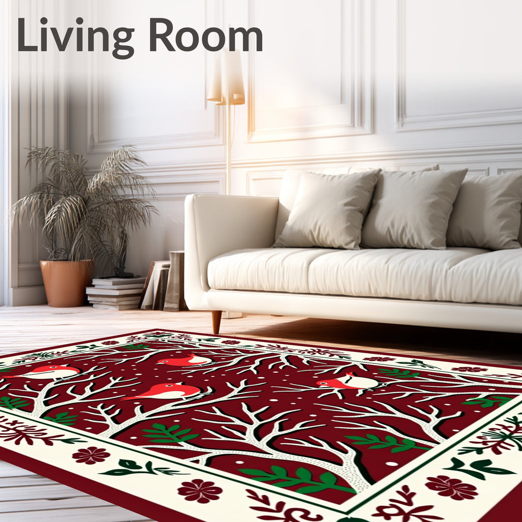 Whimsical Red Bird Tree Border Rug