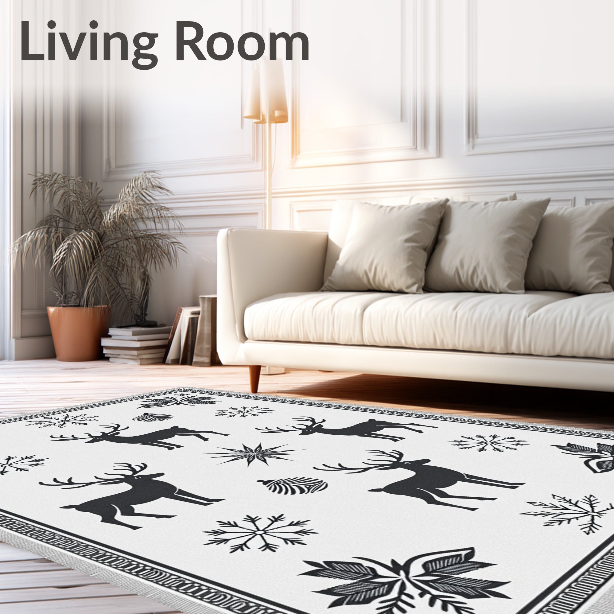 Rustic Black Deer Snowflake Motif Rug