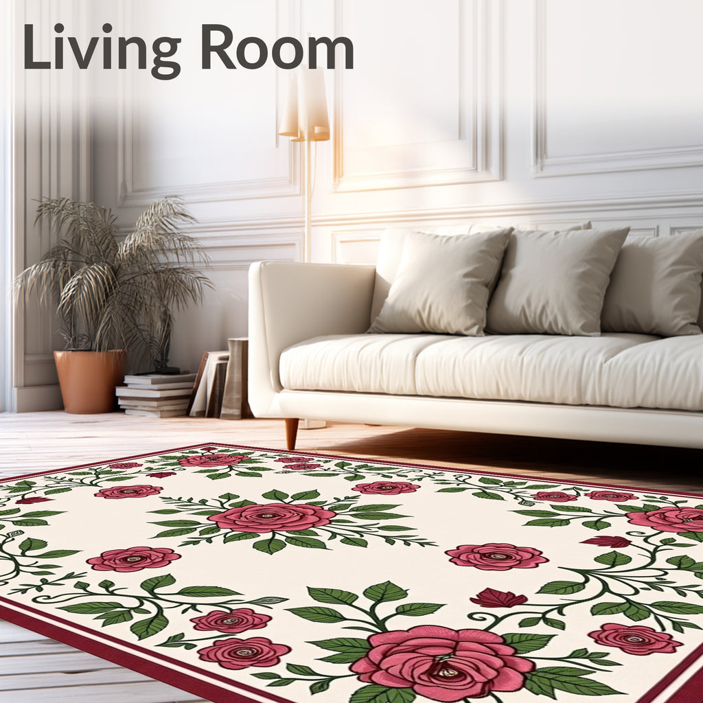Crimson Rose Vine Border Cream Rug