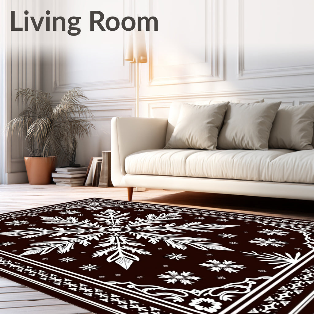 Dark Brown White Floral Snowflake Rug