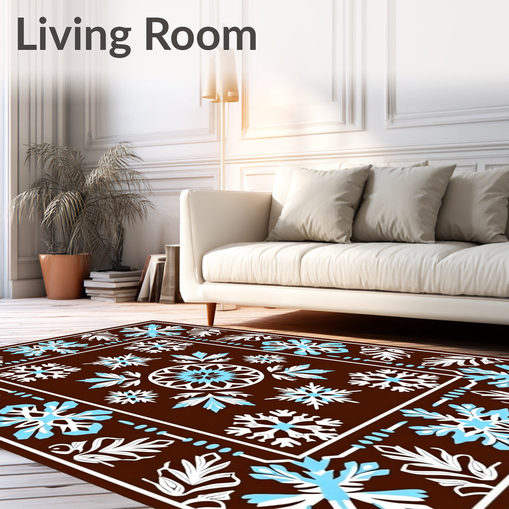 Brown White Blue Snowflake Medallion Rug