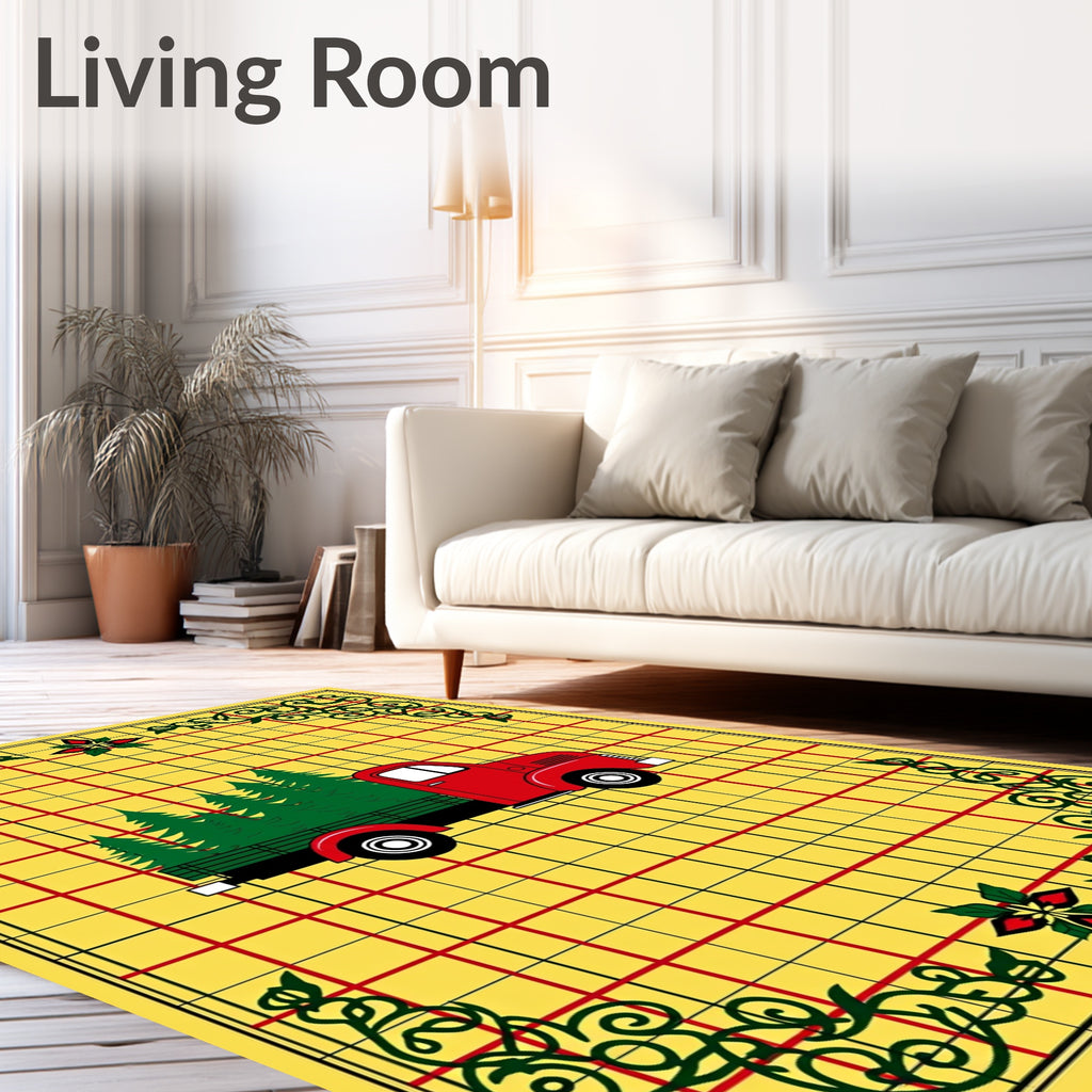 Red Truck Christmas Trees Yellow Plaid Rug