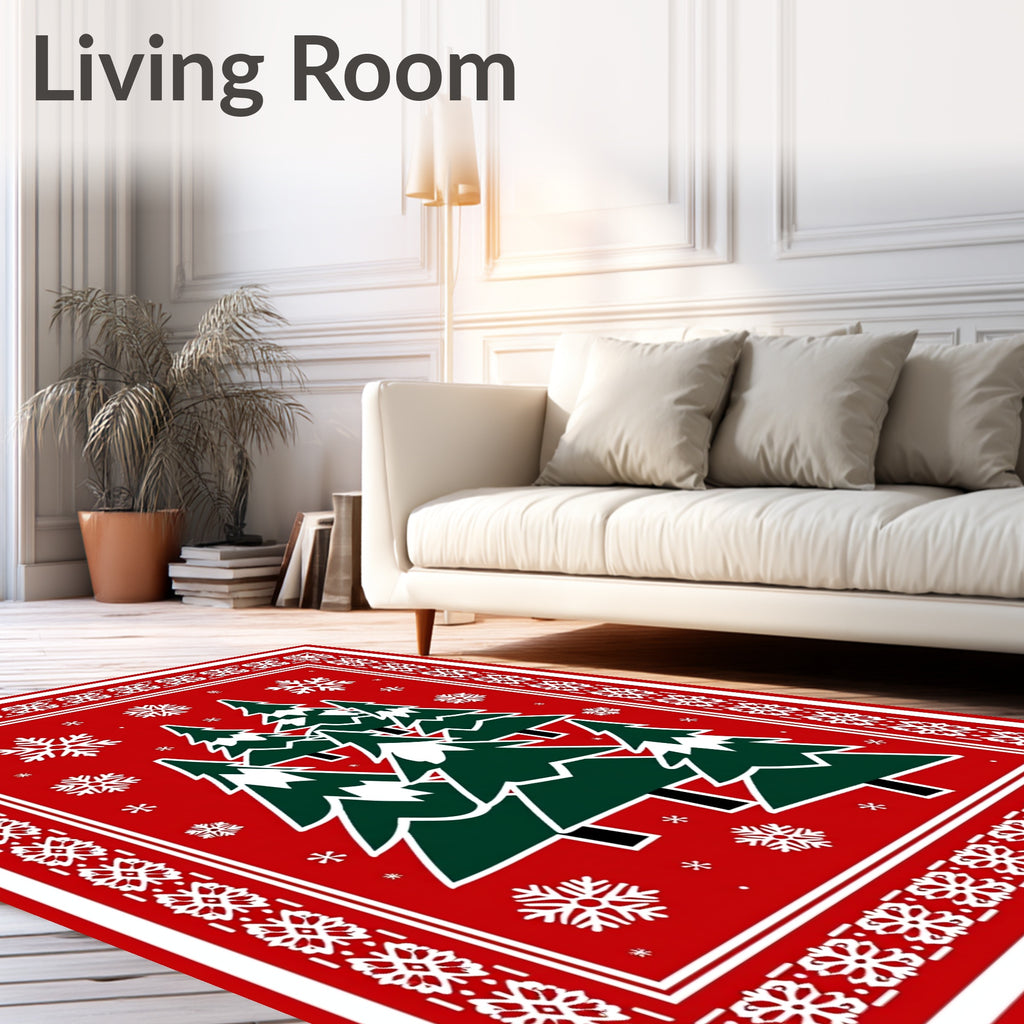 Red Evergreen Snowflake Forest Rug